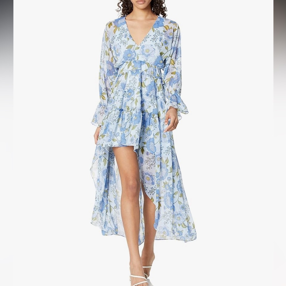 NWT Steve Madden Blue Floral Long Sleeve Crinkle Chiffon Maxi High Low Dress